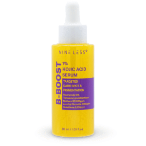 Clear 30 ml glass dropper bottle of Nineless B‑Boost 1% Kojic Acid Serum standing on a white background, label facing forward showing product name and key brightening ingredients, with transparent pale‑amber serum visible, conveying a clean, premium Korean skincare aesthetic.